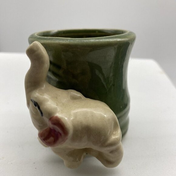 VTG Ceramic Planter Cup Vase Elephant Lucky Trunk Up Green Bamboo Asian 2 3/4”H - Picture 6 of 12